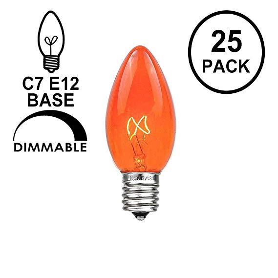 Novelty Lights 25 Pack C7 Outdoor String Light Christmas Replacement Bulbs, Amber, C7/E12 Candelabra Base, 5 Watt