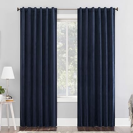 Sun Zero Hampshire Velvet Noise Reducing Thermal Extreme Total Blackout Back Tab Curtain Panel, 50" x 84", Navy Blue