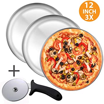 Pizza Pan and Pizza Cutter Set, Includes - Three 12 Inch Pizza trays   Pizza Cutter Wheel - Durable Non-Stick Aluminum Bakeware, for Restaurants and Homemade Pizza Baking, Dishwasher Safe