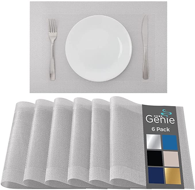 Home Genie Placemat Set of 6 Protect Surface Heat and Stain Resistant Dinner Mats, Wipeable Food Grade Place Mats, Woven Vinyl Plates for Kitchen, Dining Room Table Décor Accessories 18”x12” Silver
