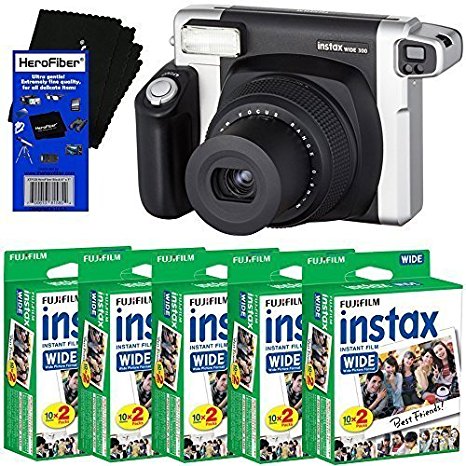 Fujifilm INSTAX 300 Wide-Format Instant Photo Film Camera (Black/Silver)   Fujifilm instax Wide Instant Film (100 sheets)   HeroFiber Ultra Gentle Cleaning Cloth