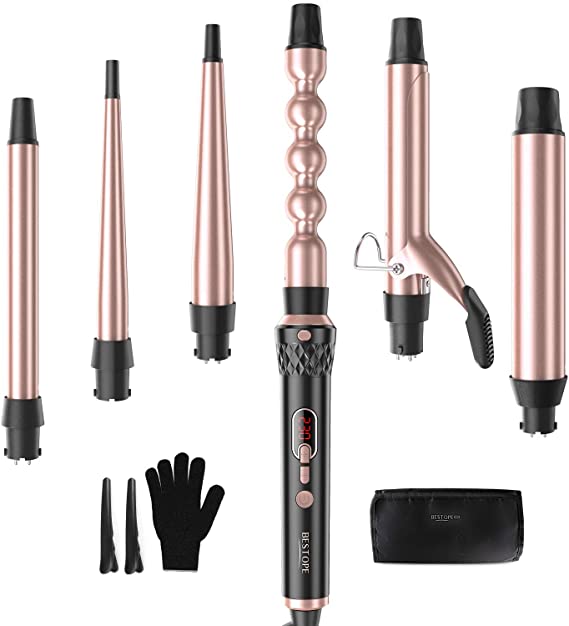 Curling Wand Set BESTOPE 6 in 1 Hair Curling Iron Professional Curling Tongs with 6 Interchangeable Ceramic Barrels 9-32mm, Temperature Control, LCD Display