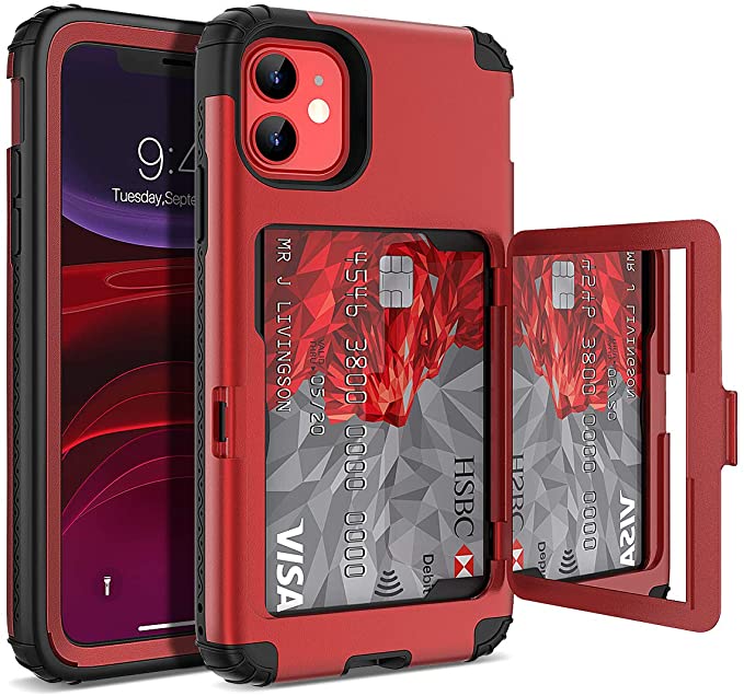 iPhone 11 Wallet Case - WeLoveCase Defender Wallet Credit Card Holder Cover with Hidden Mirror Three Layer Shockproof Heavy Duty Protection All-Round Armor Protective Case for iPhone 11 Red