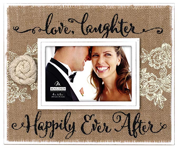 Malden International Designs Love Laughter Happily Ever After Silkscreened Burlap and Floral Attachment Wooden Picture Frame, 4x6, Brown