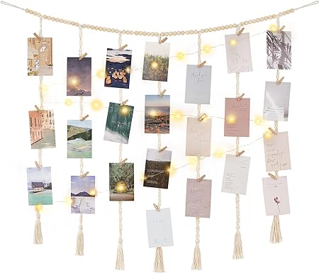 Mkono Macrame Hanging Photo Display Wall Decor with String Lights Boho Wooden Beads Garland Collage Picture Frame Holder with 45 Clips for Bedroom, Living Room, Nursery Dorm, Teenage Teen Girl Gifts