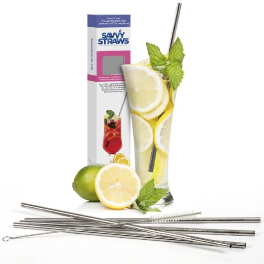 Stainless Steel Straws by Savvy Straws® - Straight Extra Long 10.5 inch Length - Set of 5 Reusable Metal Drinking Straws   Cleaning Brush   Gift Box - Fit Popular To Go Cups & 20   30 oz Yeti Tumblers