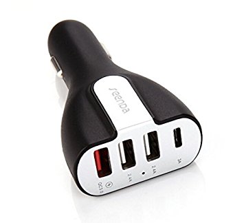 Jelly Comb Quick Charge 3.0 USB C Car Charger 50W 4-ports, Smart IC Adapts and Safety Protection for Apple and Android Devices, Type C Car Charger with QC 3.0, Black