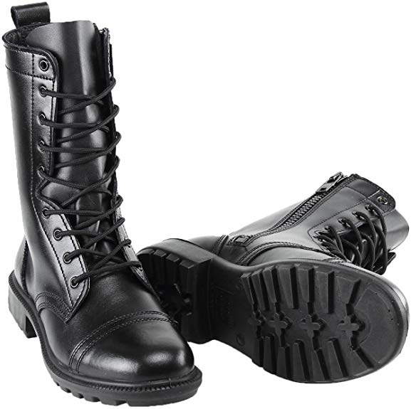 BURGAN 802 Combat Jump Boot (Side Zipper) | Black Unisex High Lace Up Military Paratrooper Style | Mid-Calf Genuine Full Leather for Men and Woman | Slip on Feature | Tall Lightweight Fashion Shoes