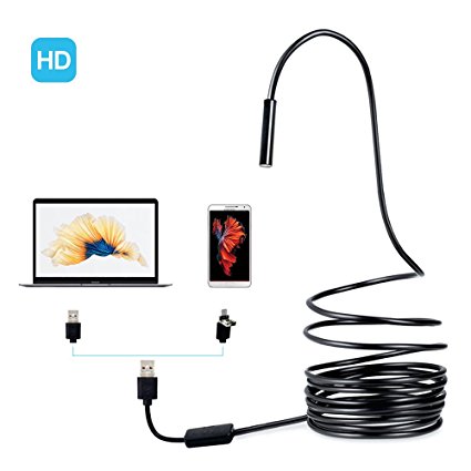 Collen USB Endoscope, 2-in-1 HD CMOS IP67 Waterproof Semi-rigid Borescope Inspection Camera Snake Camera Roll Over Image to Zoom with 6 Adjustable Led Light - 16.4 ft(5 Meter)