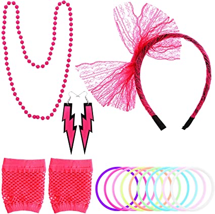 Yolev 80s Costume Accessories Set for Women, 80s Outfit Costume with Lace Headband Neon Earrings Fishnet Gloves Bracelet Necklace for Women Girls 80s Retro Party