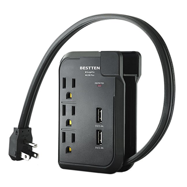 Bestten 3 Outlet Surge Protector with 2.4A Dual USB Charging Ports, 18in Cord, Portable for Home Office & Travel