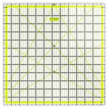 ARTEZA Quilting Ruler, Laser Cut Acrylic Quilters' Ruler with Patented Double Colored Grid Lines for Easy Precision Cutting, 12.5" Wide x 12.5" Long for Quilting, Sewing & Crafts, Black & Lime Green