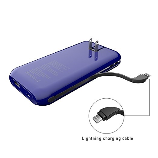 iPhone 8 Lightning 15000mAh Power Bank with AC Plug, Heloideo Fast Charging Portable charger with Built-in Lightning Cable for iPhone 7, iPhone 6s, iPad Pro, iPad mini 4 (Lightning cable-Shinny blue)