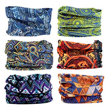 FAYBOX 6pcs Magic Wide Wicking Headbands for Men and Women Outdoor Headwear Bandana Sports Scarf Tube UV Face Mask for Workout Yoga Running