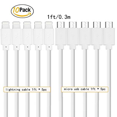 GOPROOF [each 5pack] 1FT Lightning iphone USB Cable and Micro USB Connector Nylon Braided iPhone charging Cable Compatible with iPhone 5/6/7/7plus/iPad 2 Devices,Samsung,HTC,and More (white)