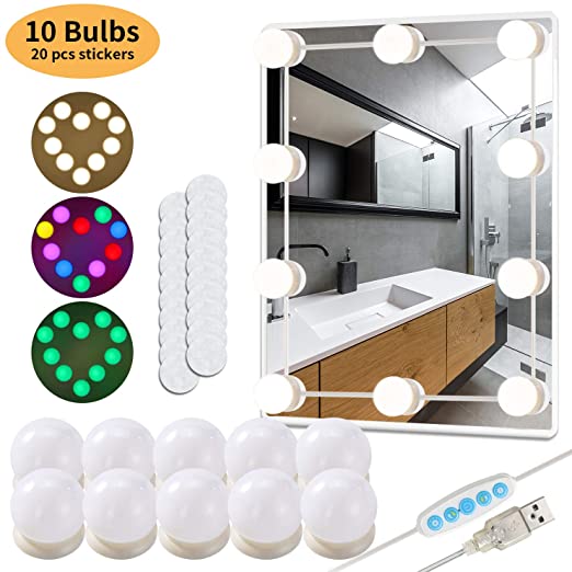 Glynee Vanity Mirror Lights, Hollywood Style LED Makeup Lights Kit with 10 Dimmable RGB Light Bulbs, Flexible Lighting Fixture Strip for Bathroom Dressing Room Vanity Table (Mirror Not Included)