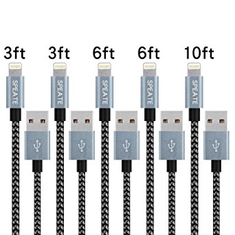 SPEATE 5PCS 3FT 3FT 6FT 6FT 10FT Nylon Braided Charging Cable 8Pin Lightning to USB Charger Cable Compatible with iPhone 7/7 Plus/6/6s/6 plus/6s plus/5/5s/5c,Ipad IPad mini (Gray black)