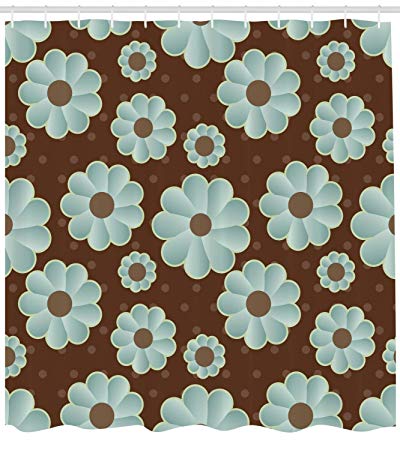 Ambesonne Brown and Blue Shower Curtain, Retro Daisy Pattern with Polka Dot Background Abstract Design, Fabric Bathroom Decor Set with Hooks, 75 Inches Long, Brown Pale Seafoam Umber