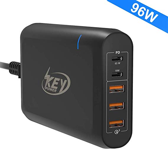 USB-C Charging Station, Key Power 96W Laptop Charger, 65W Type C Power Delivery for MacBook Pro/Air 2018, HP Spectre, Dell XPS, Quick Charge 3.0 Turbocharge for iPhone Xs/Max/XR/X/8, Galaxy S10/S9/S8