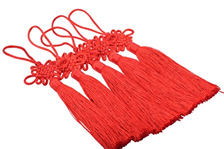 KONMAY 10pcs Red Handmade Silky Large Size(6.4'') Tassels with Satin Silk Made Chinese Knots (Red)