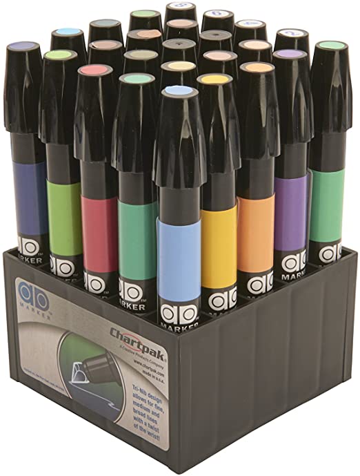 The Original Chartpak AD Markers, Tri-Nib, 25 Assorted Art Director Colors in Tabletop Cube, 1 Each (K)