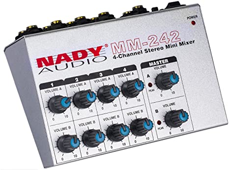 Nady MM-242 4 Stereo / 8 Mono Channel Mini Mixer with mono/stereo mode, ¼” Inputs and outputs – battery powered, or use optional AC adapter