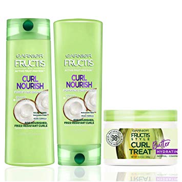 Garnier Hair Care Fructis Curl Nourish Shampoo, Conditioner, and Natural Styling Curl Treat Butter, Nourish for Frizz Resistant Curls, Frizz Free Up to 24 Hours, Paraben Free, 1 Kit