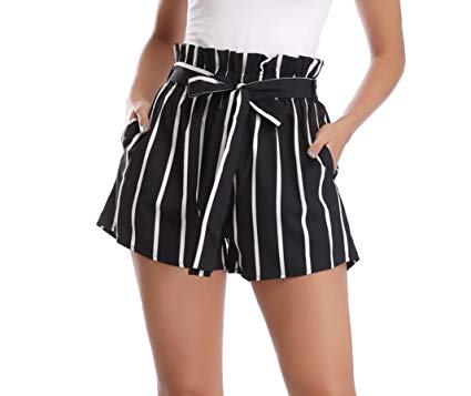 Dilgul Womens Casual Elastic High Waisted Striped Summer Shorts with Pockets