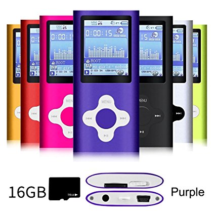 G.G.Martinsen MP3/MP4 Player with a 16GB Micro SD card, Mini USB Port 1.8 LCD, Digital Music Player, Video / Media Player, MP3 Player, MP4 Player, Support Photo Viewer, Recorder & FM Radio - Purple