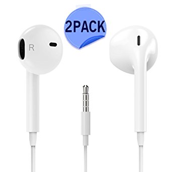 Earphones with Microphone Premium Earbuds Stereo Headphones and Noise Isolating headset for Apple iPhone iPod iPad Samsung Galaxy LG HTC - 2 Pack (white)