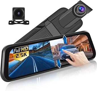 2.5K Rear View Mirror Camera with 1080P Wide Angle Backup Camera, 9.66 Inch IPS Touch Screen Mirror Dash Cam Front and Rear, Loop Recording, G-Sensor, 24H Parking Monitor