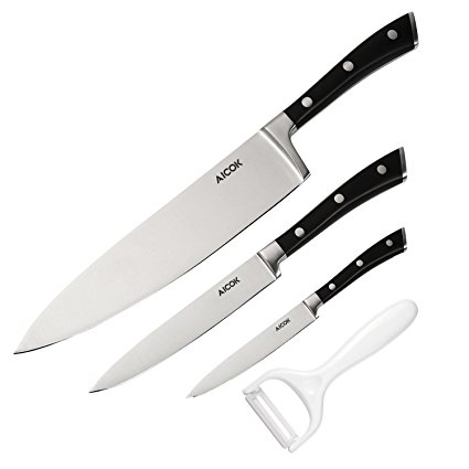 Aicok German Steel Kitchen Knife Set (4-Pieces), 8-inch Chef Knife and Carving Knife, 5-inch Utility Knife, 3.5-inch Paring Knife and 6-inch Peeler