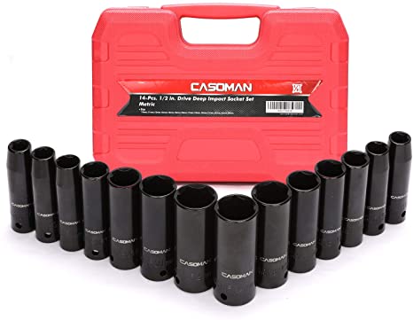 CASOMAN 1/2-Inch Drive Deep Impact Socket Set, Metric, Cr-V, 6-Point, 10 mm - 24 mm, 14-Sockets Set
