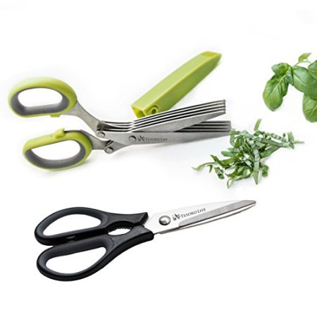 5 Blade Herb Scissors with Cleaning Cover Plus Heavy Duty Kitchen Shears - Shear Genius Scissor Set Features Stainless Steel Blades, an Ergonomic Design and Soft Grip Rubber Handles