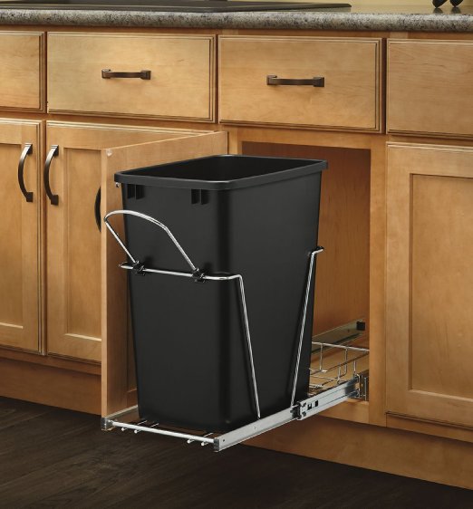 Rev-A-Shelf - RV-12KD-18C S - Single 35 Qt. Pull-Out Black and Chrome Waste Container with Rear Basket