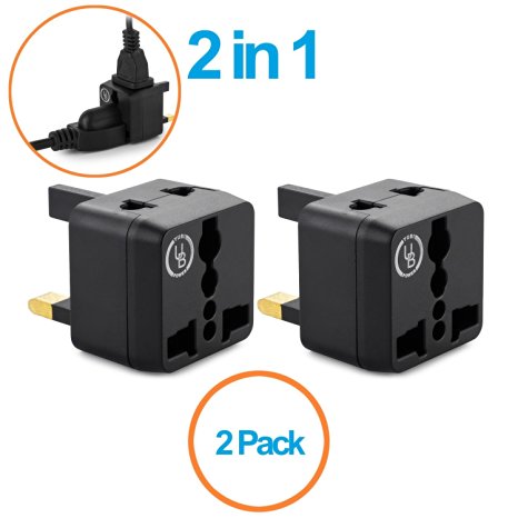 Yubi Power 2 in 1 Universal Travel Adapter with 2 Universal Outlets - Built in Surge Protector - Black 2 Pack - Type G for United Kingdom, England, Hong Kong, Ireland, Scotland, Saudi Arabia, and more