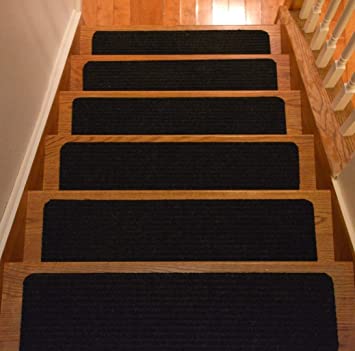 Stair Treads Collection Indoor Skid Slip Resistant Carpet Stair Tread Treads (7 inch x 24 inch) (Black, Set of 13)