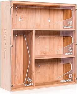 Bamboo Ziplock Bag Storage Organizer for Kitchen Cabinets - Organize and Store Ziplock Bags and More with Acrylic Panels - 4 Slots for Gallon, Quart, Sandwich and Snack Variety Size Bags (Clear)