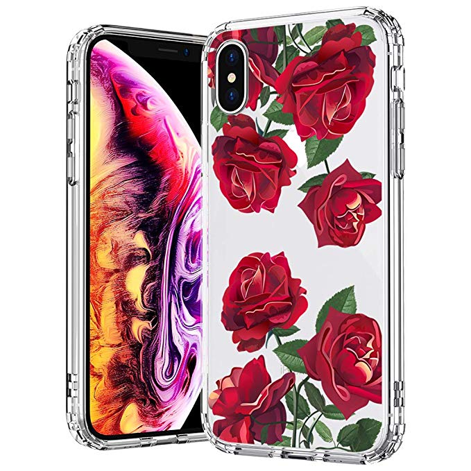 MOSNOVO Case for iPhone Xs/iPhone X, Red Roses Floral Flower Pattern Clear Design Printed Plastic Back Case with TPU Bumper Protective Case Cover for Apple iPhone X/iPhone Xs