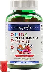 Naturewise Kids Melatonin Gummy 1 mg - Drug-Free, Non-Habit Forming Sleep Aid for Kids Ages 4 & Up - Delicious Strawberry Flavored Gummy Bears - Vegan, Gluten Free, Non-GMO - 90 Count[3-Month Supply]