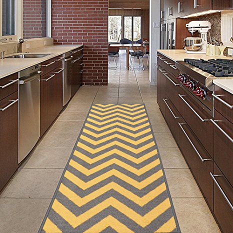 Diagona Designs Contemporary Chevron Design Non-Slip Kitchen / Bathroom / Hallway Area Rug Runner, 31" W x 118" L, Yellow / Grey