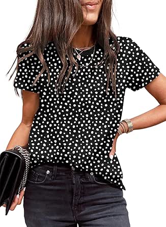 EVALESS Womens Casual Polka Dot Tops Crewneck Short Sleeve T Shirts Fashion 2024 Spring Summer Loose Fit Shirts