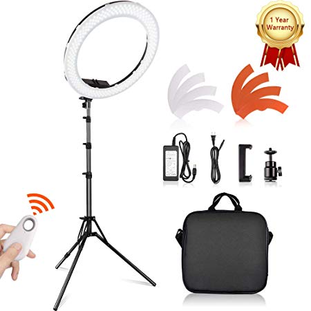 TRAVOR 18 Inch LED Ring Light with 2M Stand Lighting Kit, Dimmable 60W 5500K YouTube Light with Filters, Hot Shoe Adapter, Phone Holder, Bluetooth Receiver for Makeup, Camera/Phone Video Shooting