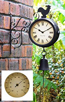 About Time Bracket Mounted Cockerel and Bell Garden Outdoor Clock and Thermometer - 47cm (18¾in)