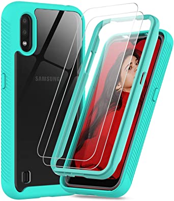 Samsung Galaxy A01 Case, Samsung A01 Case with Tempered Glass Screen Protector [2 Pack], LeYi Full-Body Rugged Hybrid Bumper Shockproof Clear Protective Phone Cover Cases for A01, Mint