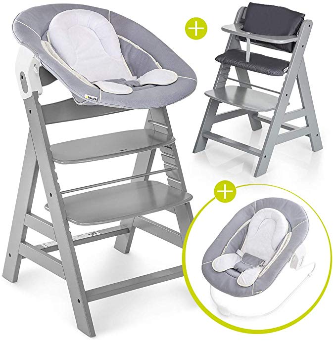 Hauck Alpha Newborn Set - Wooden High Chair for Babies - Hauck High Chair from Infant to Toddler with Baby Bouncer Insert Cushion and 5-Point Harness - High Chair Baby - Grey