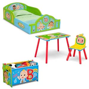 Delta Children 4-Piece Room Set – Includes Sleep and Play Toddler Bed, Table, 1 Chair and Toy Box, CoComelon