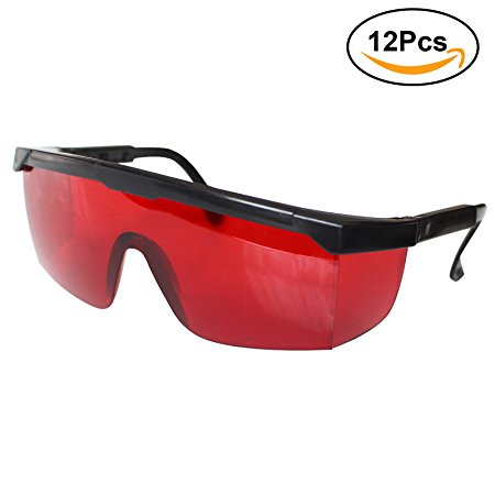 Safety Glasses -12 Piece Pack of Protective Glasses,Safety Goggles Eyewear Eyeglasses for Eye Protection ,Plastic Lenses with Red Tint for Enhancing Red Beam Lasers and Protection and Featuring Rubber Nose And Ear Grips for a Comfortable Fit