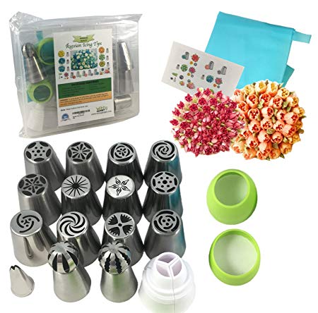 Premium Russian Piping Tips Cake Decorating Supplies The COMPLETE Set -12 Unique Icing Nozzles, 2 Sphere Tips, 1 Leaf Tip, Tri-Coupler, 1 Reusable Silicone Bag, Instruction Book and Storage Case