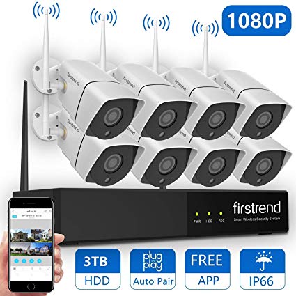 Wireless Security Camera System,Firstrend 8CH 1080P Wireless NVR System with 8PCS 1080P HD IP Security Camera with 65FT Night Vision Easy Remote View P2P CCTV System 3TB Hard Drive Installed